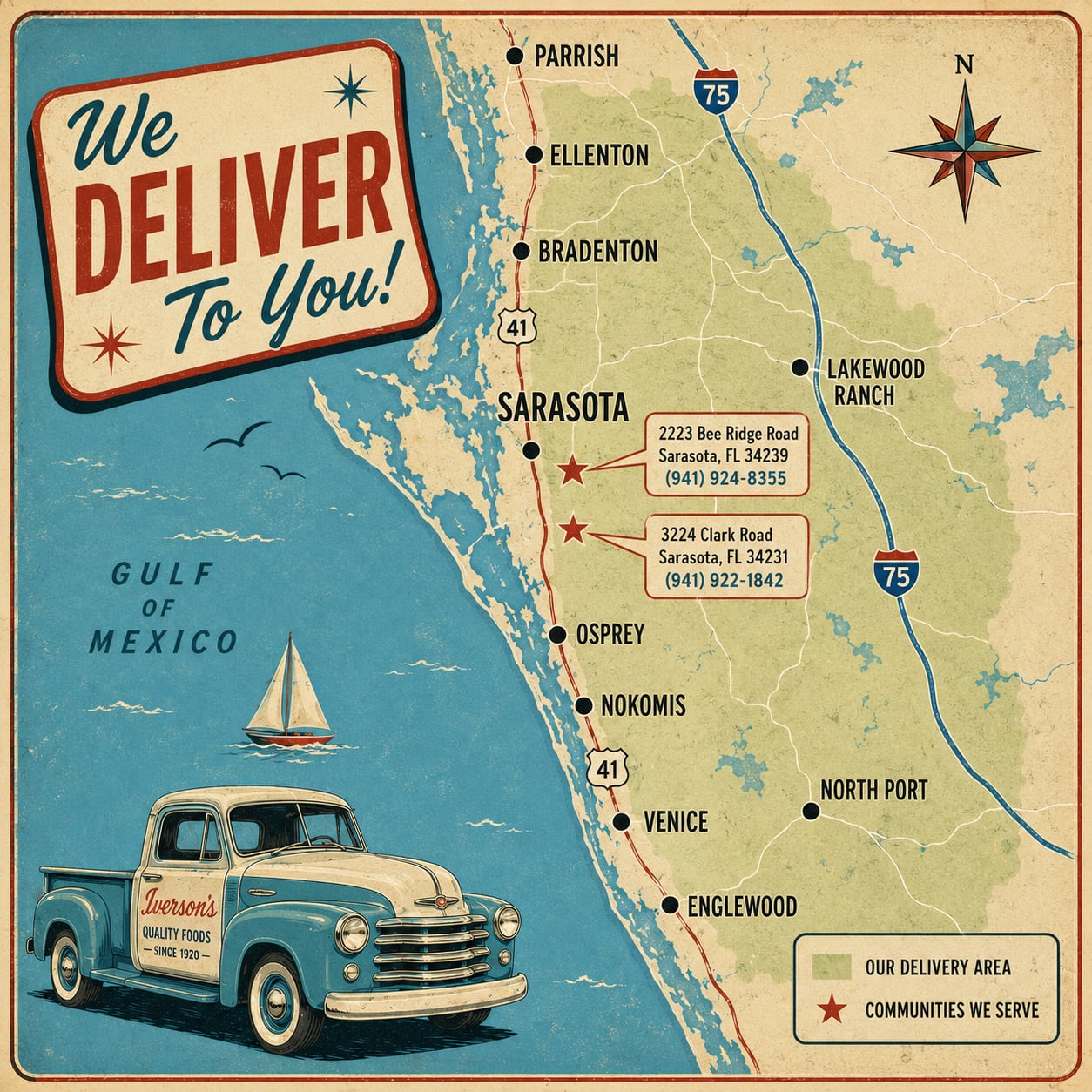 Vintage 1950s delivery service map showing Iverson's delivery areas across Sarasota, Bradenton, Venice and surrounding Gulf Coast communities